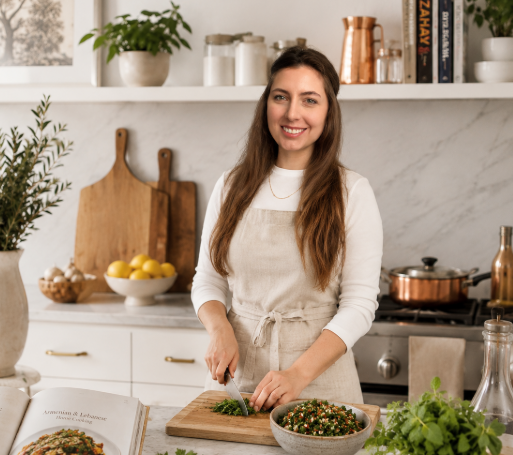 Hope chopping herbs in her kitchen